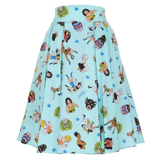 Laura Byrnes California Little Jun Skirt in Lady Wrestlers Print - Picture 1 of 5